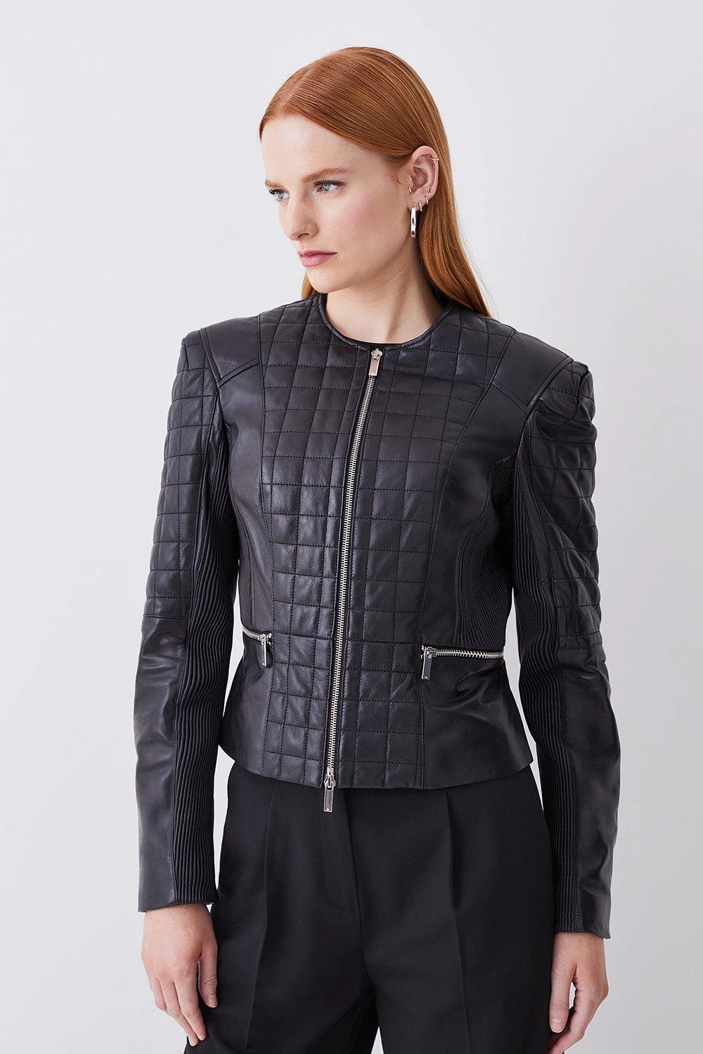Karen Millen Leather Quilted Panelled Collarless Jacket 3 Karen Millen Leather Quilted Panelled Collarless Jacket