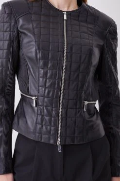 Karen Millen Leather Quilted Panelled Collarless Jacket 9 Karen Millen Leather Quilted Panelled Collarless Jacket -Karen Millen shop black leather quilted panelled collarless jacket 1 2