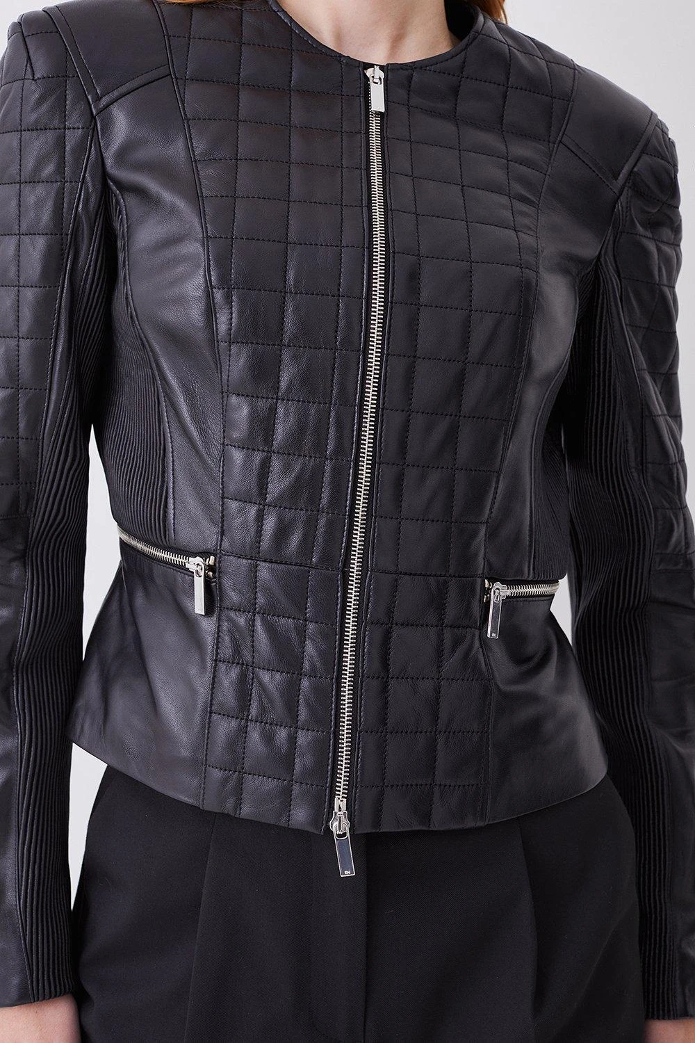 Karen Millen Leather Quilted Panelled Collarless Jacket 5 Karen Millen Leather Quilted Panelled Collarless Jacket - Image 3