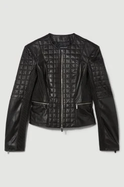 Karen Millen Leather Quilted Panelled Collarless Jacket 11 Karen Millen Leather Quilted Panelled Collarless Jacket -Karen Millen shop black leather quilted panelled collarless jacket 1 4