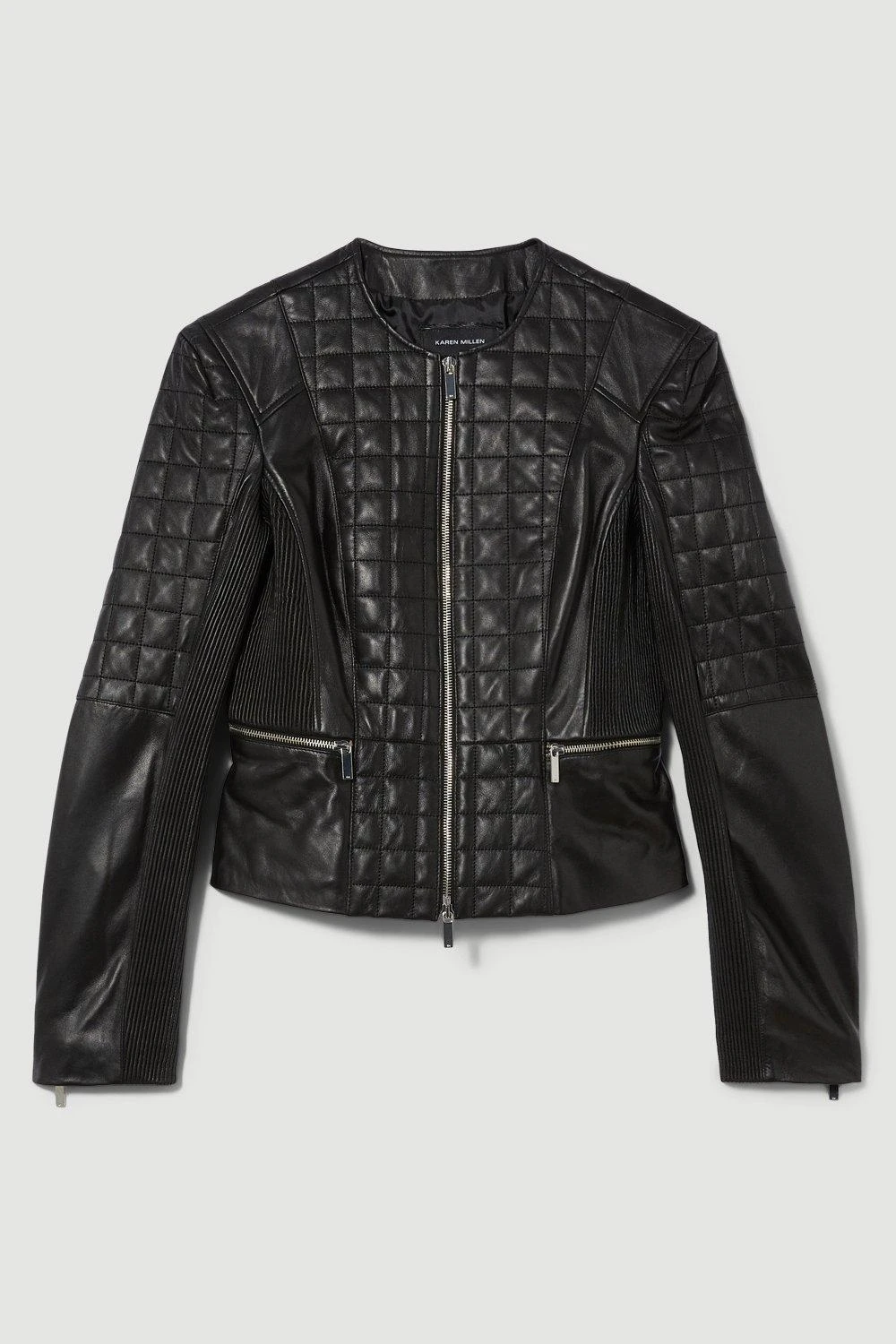 Karen Millen Leather Quilted Panelled Collarless Jacket 7 Karen Millen Leather Quilted Panelled Collarless Jacket - Image 5