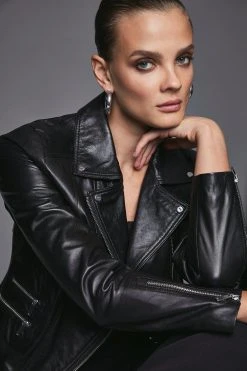 Karen Millen Leather Signature Biker Jacket -Karen Millen shop black leather signature biker jacket 1