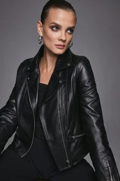 Karen Millen Leather Signature Biker Jacket -Karen Millen shop black leather signature biker jacket 4