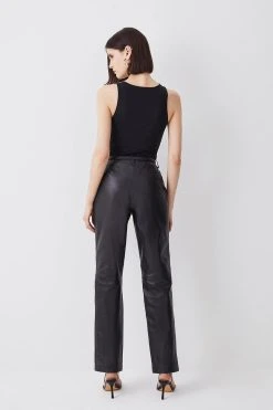 Karen Millen Leather Straight Leg Low Waist Trousers 11 Karen Millen Leather Straight Leg Low Waist Trousers -Karen Millen shop black leather straight leg low waist trousers 1 3