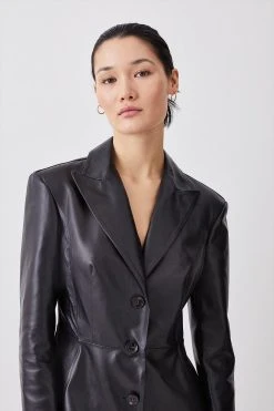 Karen Millen Leather Tailored Single Breasted Coat -Karen Millen shop black leather tailored single breasted coat 1 2