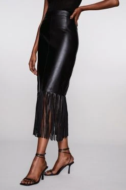 Karen Millen Leather Tassel Hem Pencil Skirt -Karen Millen shop black leather tassel hem pencil skirt 1 1