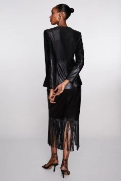 Karen Millen Leather Tassel Hem Pencil Skirt -Karen Millen shop black leather tassel hem pencil skirt 1 2