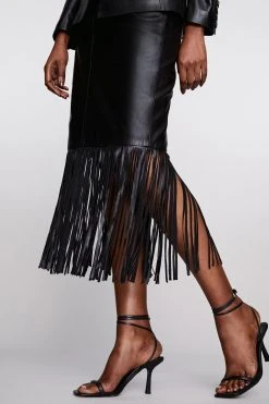 Karen Millen Leather Tassel Hem Pencil Skirt -Karen Millen shop black leather tassel hem pencil skirt 1 3