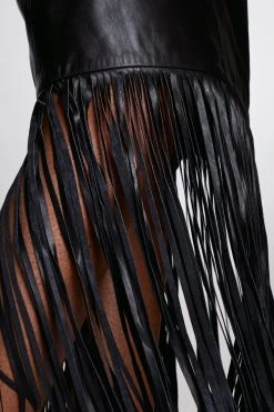 Karen Millen Leather Tassel Hem Pencil Skirt -Karen Millen shop black leather tassel hem pencil skirt 1 4
