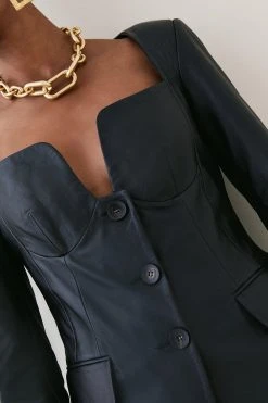 Karen Millen Leather V Neck Long Sleeve Button Front Top -Karen Millen shop black leather v neck long sleeve button front top 4