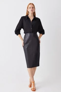 Karen Millen Leather Waist Dart Detail Midi Skirt -Karen Millen shop black leather waist dart detail midi skirt 1 1