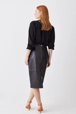 Karen Millen Leather Waist Dart Detail Midi Skirt -Karen Millen shop black leather waist dart detail midi skirt 1 3