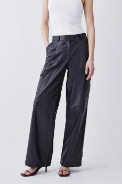 Karen Millen Leather Wide Leg Cargo Trouser -Karen Millen shop black leather wide leg cargo trouser 1