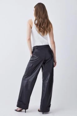 Karen Millen Leather Wide Leg Cargo Trouser -Karen Millen shop black leather wide leg cargo trouser 2