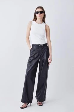 Karen Millen Leather Wide Leg Cargo Trouser -Karen Millen shop black leather wide leg cargo trouser 3