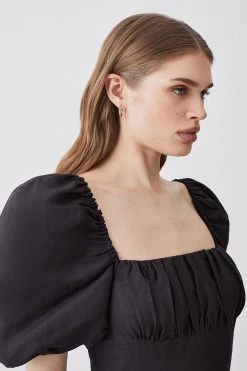Karen Millen Linen Viscose Puff Sleeve Midi Sundress -Karen Millen shop black linen viscose puff sleeve midi sundress 1