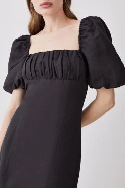 Karen Millen Linen Viscose Puff Sleeve Midi Sundress -Karen Millen shop black linen viscose puff sleeve midi sundress 2