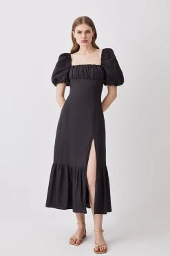 Karen Millen Linen Viscose Puff Sleeve Midi Sundress -Karen Millen shop black linen viscose puff sleeve midi sundress 3