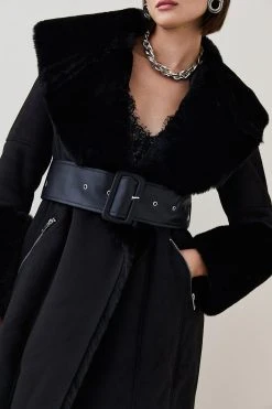 Karen Millen Long Mock Shearling Belted Coat 9 Karen Millen Long Mock Shearling Belted Coat -Karen Millen shop black long mock shearling belted coat 1