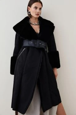 Karen Millen Long Mock Shearling Belted Coat 10 Karen Millen Long Mock Shearling Belted Coat -Karen Millen shop black long mock shearling belted coat 2