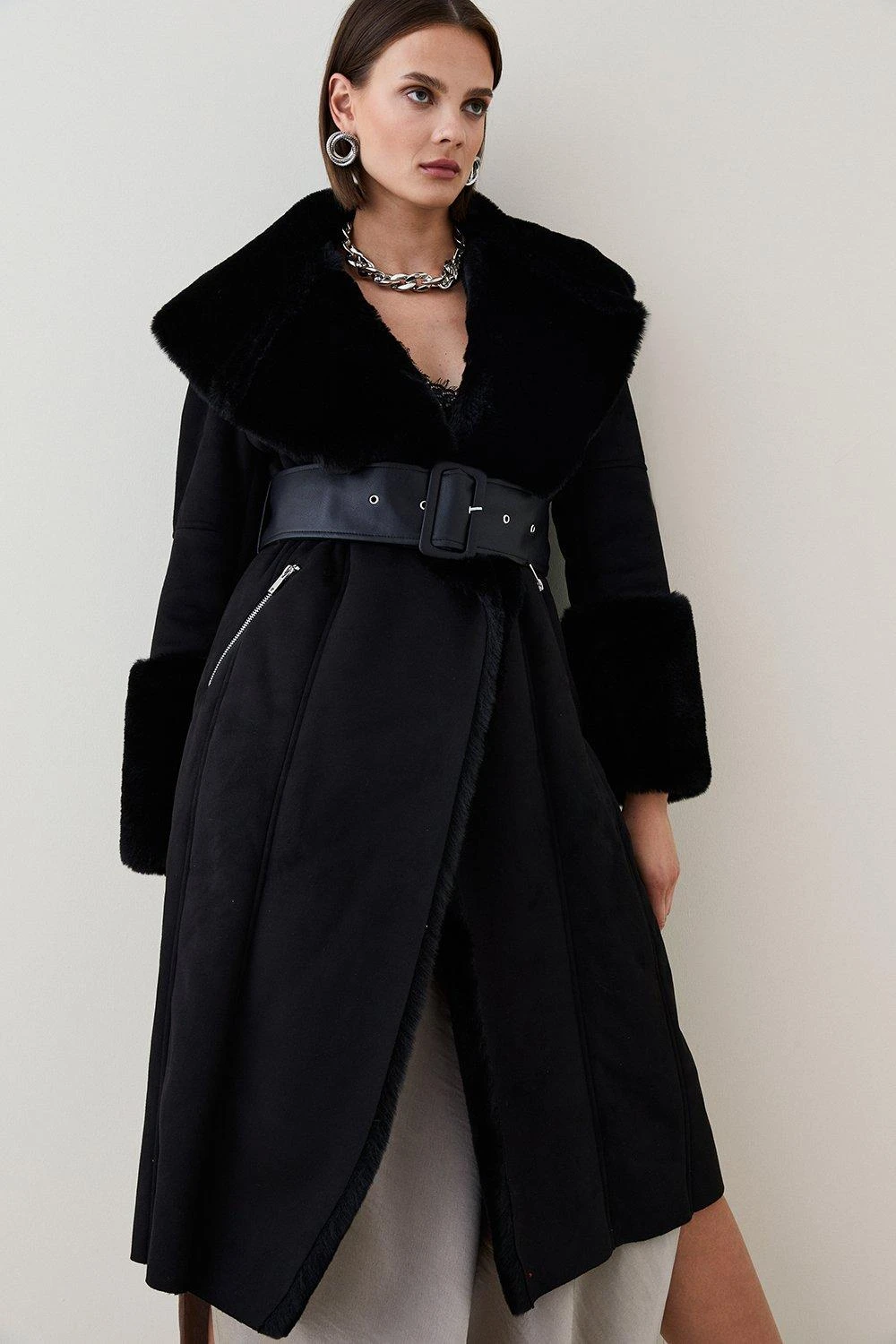 Karen Millen Long Mock Shearling Belted Coat 5 Karen Millen Long Mock Shearling Belted Coat - Image 3