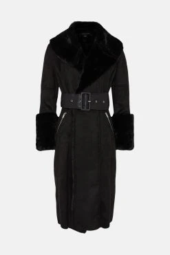 Karen Millen Long Mock Shearling Belted Coat 11 Karen Millen Long Mock Shearling Belted Coat -Karen Millen shop black long mock shearling belted coat 3