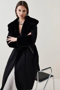 Karen Millen Long Mock Shearling Belted Coat 12 Karen Millen Long Mock Shearling Belted Coat -Karen Millen shop black long mock shearling belted coat 4