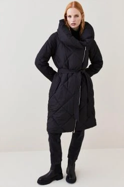 Karen Millen Long Quilted Shawl Collar Puffer Coat -Karen Millen shop black long quilted shawl collar puffer coat 1