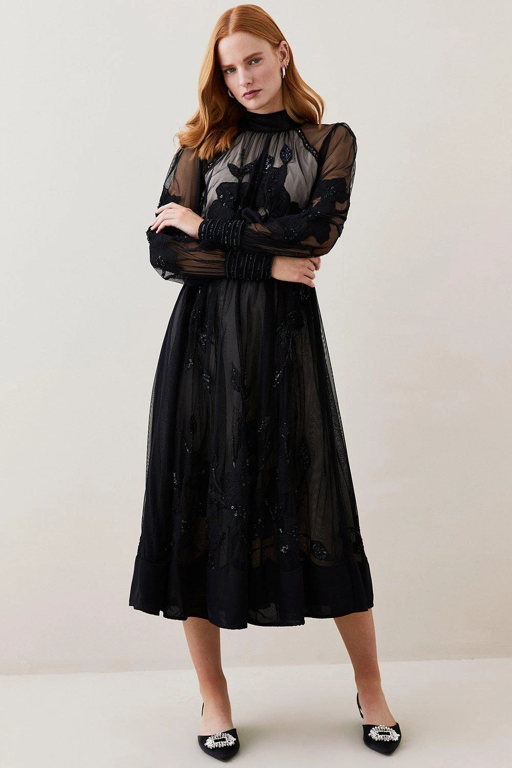 Karen Millen Lydia Millen Tall Floral Applique Mesh Woven Midi Dress 4 Karen Millen Lydia Millen Tall Floral Applique Mesh Woven Midi Dress - Image 2