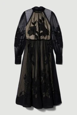 Karen Millen Lydia Millen Tall Floral Applique Mesh Woven Midi Dress