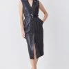 Karen Millen Lydia Millen Tall Leather Strong Shoulder Belted Midi Dress -Karen Millen shop black lydia millen tall leather strong shoulder belted midi dress