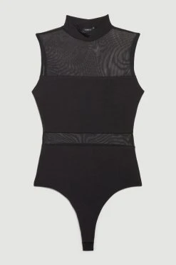 Karen Millen Mesh Panelled High Neck Slinky Jersey Bodysuit -Karen Millen shop black mesh panelled high neck slinky jersey bodysuit 2