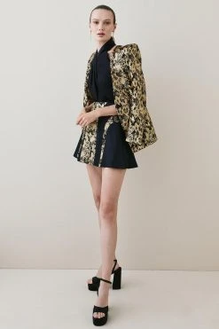 Karen Millen Metallic Snake Print Contrast Flippy Mini Skirt -Karen Millen shop black metallic snake print contrast flippy mini skirt 1