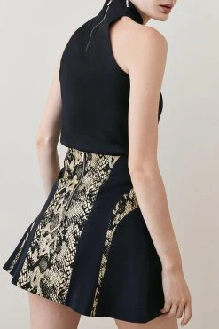 Karen Millen Metallic Snake Print Contrast Flippy Mini Skirt -Karen Millen shop black metallic snake print contrast flippy mini skirt 3