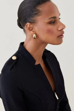 Karen Millen Military Zip Front Ponte Jersey Blazer -Karen Millen shop black military zip front ponte jersey blazer 1 3