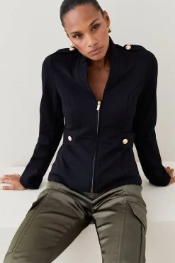 Karen Millen Military Zip Front Ponte Jersey Blazer