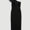 Karen Millen One Shoulder Organza Flower Detail Knit Midi Dress -Karen Millen shop black one shoulder organza flower detail knit midi dress