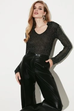 Karen Millen Open Stitch Luxe Shimmer Collar Knit Top 12 Karen Millen Open Stitch Luxe Shimmer Collar Knit Top -Karen Millen shop black open stitch luxe shimmer collar knit top 4