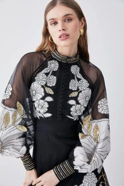 Karen Millen Organdie Applique Buttoned Woven Midi Dress -Karen Millen shop black organdie applique buttoned woven midi dress 2