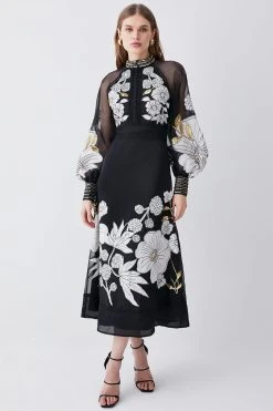 Karen Millen Organdie Applique Buttoned Woven Midi Dress -Karen Millen shop black organdie applique buttoned woven midi dress 4