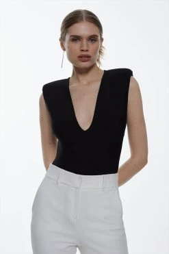 Karen Millen Petite Bandage V Neck Thong Bodysuit -Karen Millen shop black petite bandage v neck thong bodysuit 4