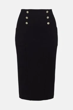Karen Millen Petite Button Pocket Ponte Midi Skirt -Karen Millen shop black petite button pocket ponte midi skirt 3