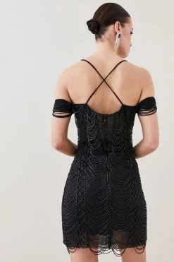 Karen Millen Petite Draped Jet Beading Bardot Mini Dress 7 Karen Millen Petite Draped Jet Beading Bardot Mini Dress -Karen Millen shop black petite draped jet beading bardot mini dress 1
