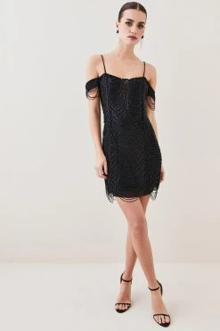 Karen Millen Petite Draped Jet Beading Bardot Mini Dress 8 Karen Millen Petite Draped Jet Beading Bardot Mini Dress -Karen Millen shop black petite draped jet beading bardot mini dress 2