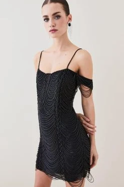 Karen Millen Petite Draped Jet Beading Bardot Mini Dress 9 Karen Millen Petite Draped Jet Beading Bardot Mini Dress -Karen Millen shop black petite draped jet beading bardot mini dress 3