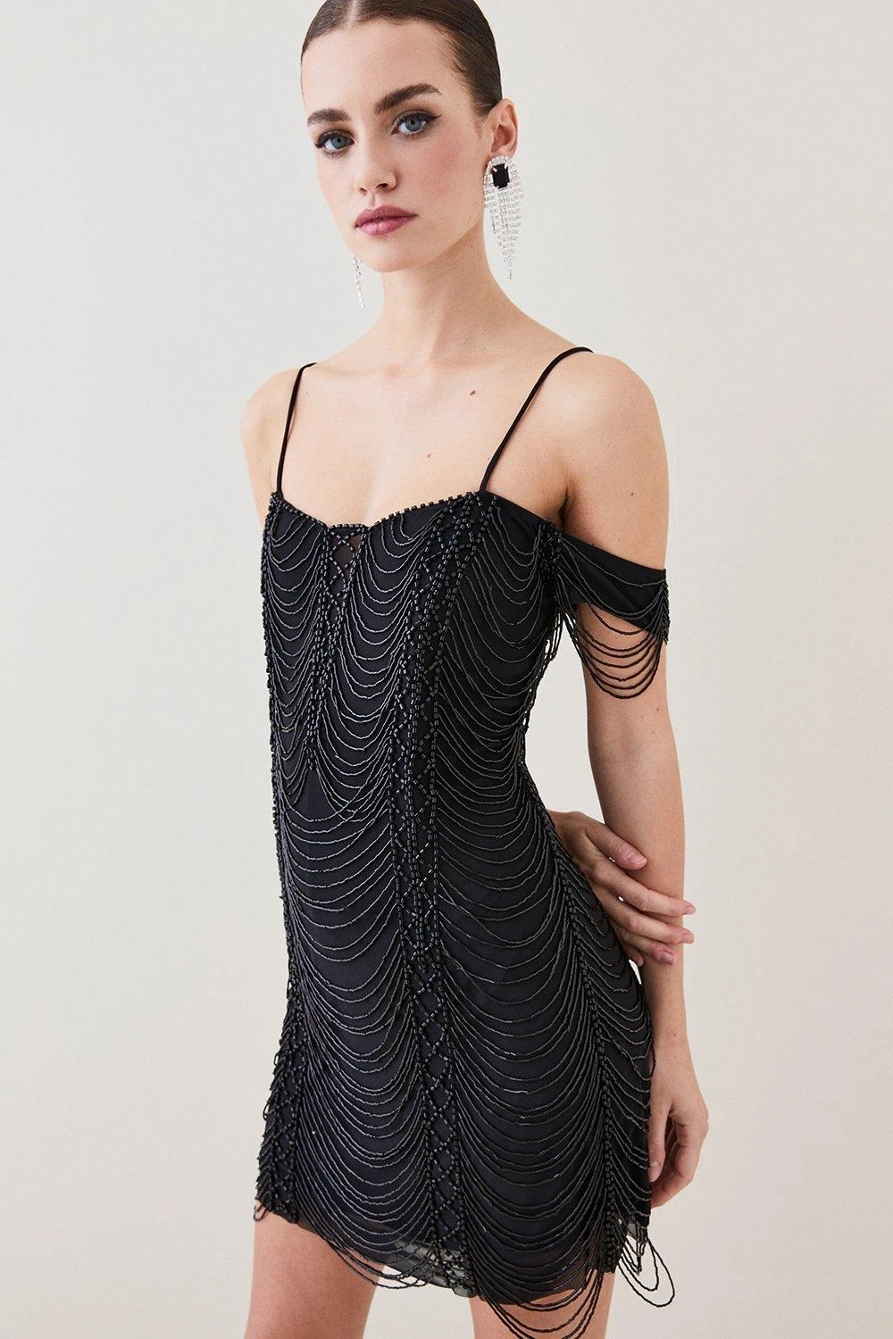 Karen Millen Petite Draped Jet Beading Bardot Mini Dress 6 Karen Millen Petite Draped Jet Beading Bardot Mini Dress - Image 4