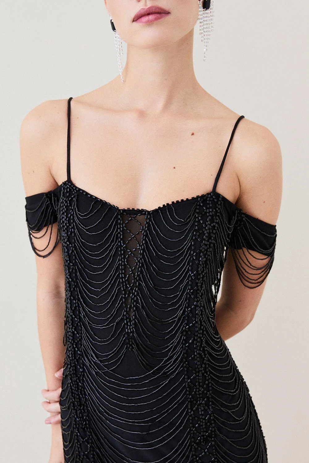 Karen Millen Petite Draped Jet Beading Bardot Mini Dress 3 Karen Millen Petite Draped Jet Beading Bardot Mini Dress