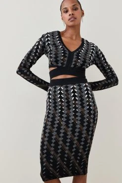 Karen Millen Petite Embellished Geo Jacquard Knit Top -Karen Millen shop black petite embellished geo jacquard knit top 3
