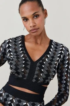 Karen Millen Petite Embellished Geo Jacquard Knit Top -Karen Millen shop black petite embellished geo jacquard knit top 4