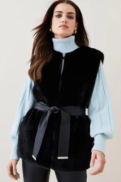 Karen Millen Petite Faux Fur Pu Belt Gilet -Karen Millen shop black petite faux fur pu belt gilet 2